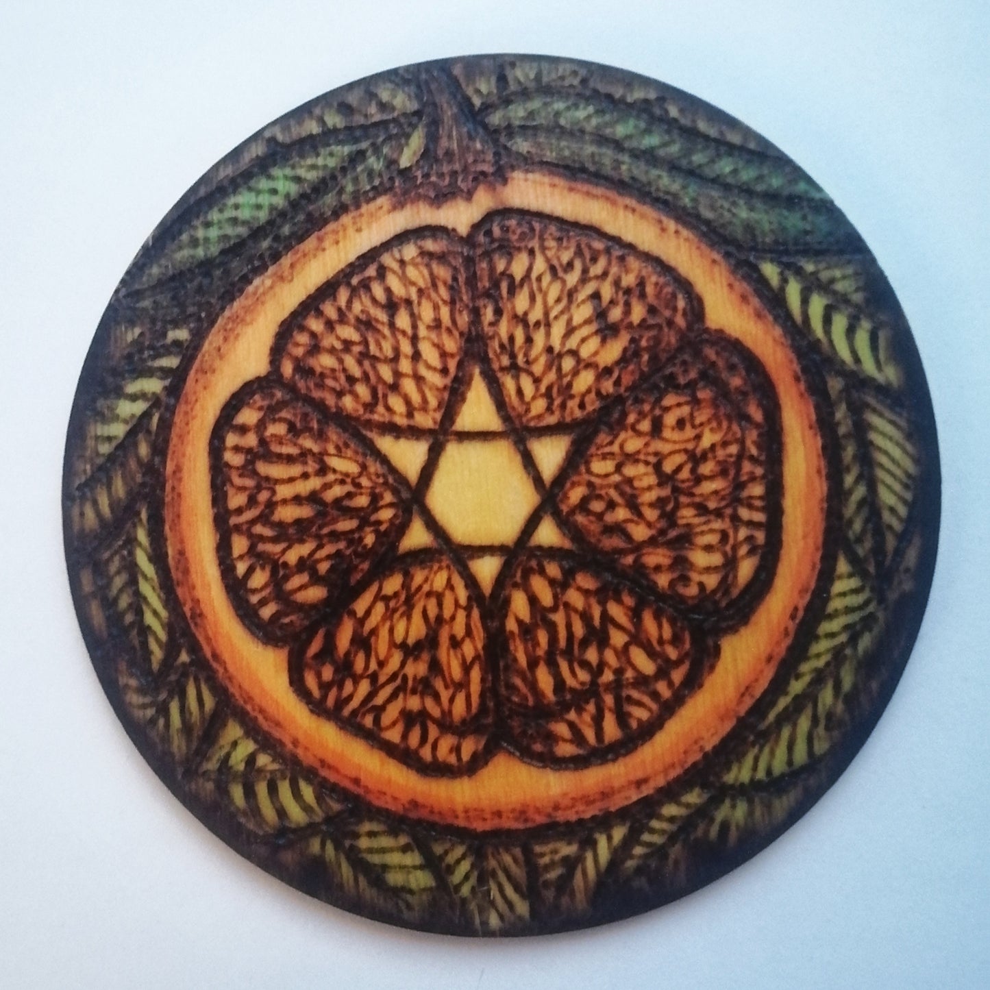 Orange LGBT+ Magen David Pyrography Coaster